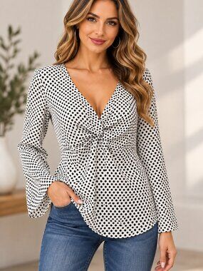 Sunny Taylor L Black White Polka Dot Twist Front Blouse Retro Parisian Chic